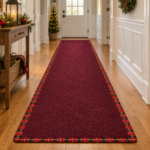Holiday hallway runner in Crimson carpet with plaid binding in a decorated hallway