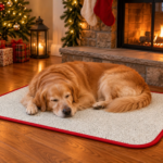 Holiday pet mat in Snow Bunny carpet with red binding with a dog by the fireplace
