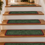 Holiday stair treads in Going Green carpet with burgundy binding on a wooden staircase