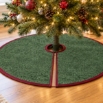 Holiday tree skirt in Going Green carpet with burgundy binding under a Christmas tree